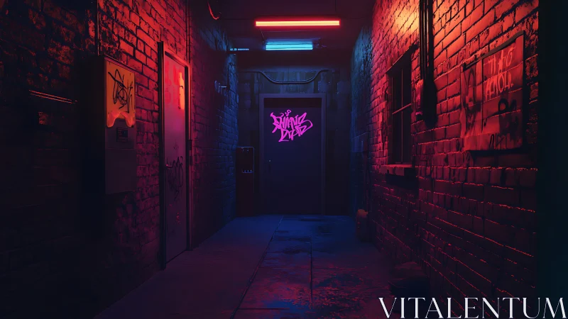 Neon-tagged alley hums softly under synthetic midnight glow
