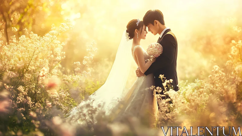 Sunlit bridal couple embracing in glowing flower meadow.
