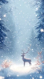 Deer stands in snowy forest clearing under falling snowflakes