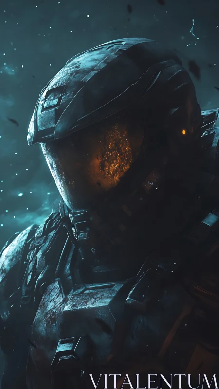 Stoic space soldier pauses in a storm of drifting starlight