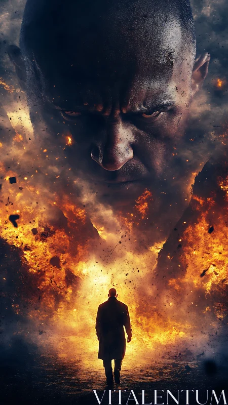 Blazing inferno rises as a lone figure walks into the fire