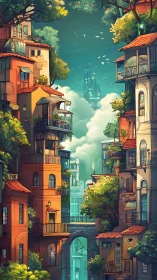 Sunlit terraces weave a leafy portal toward distant towers