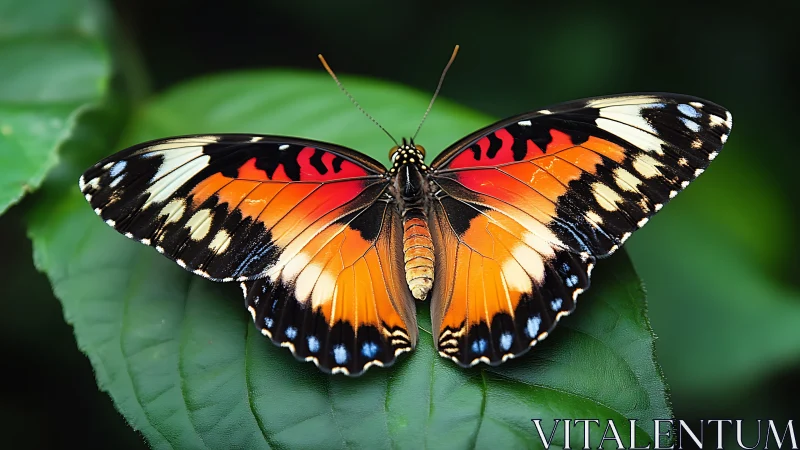 Butterfly with orange patterned wings on green leaf surface.