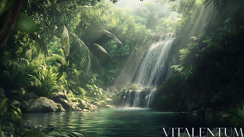 Radiant tiered rainforest cascade with volumetric light shafts.