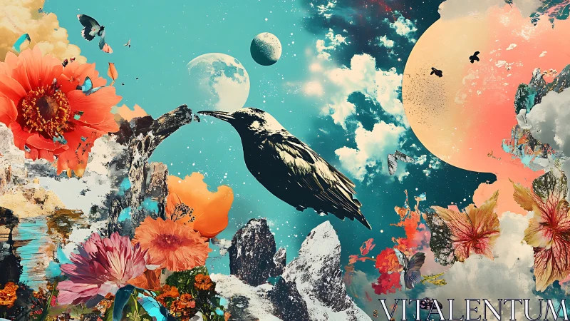 Surreal avian cosmos within floral nebulae digital painting.