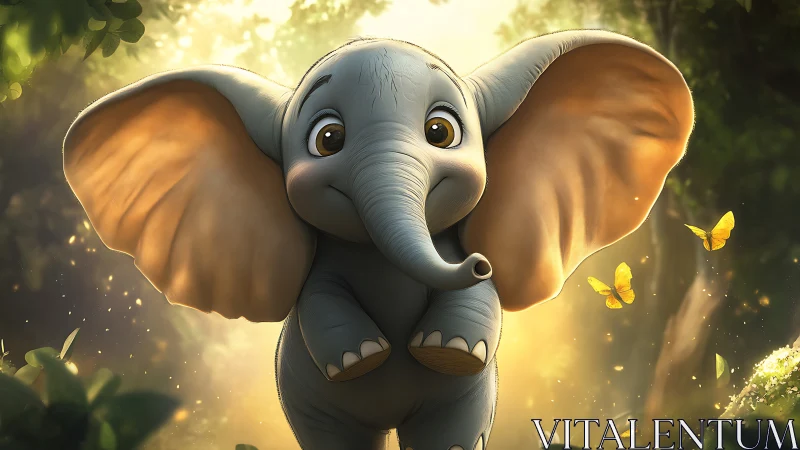 Cartoon elephant with large ears in sunlit forest clearing.
