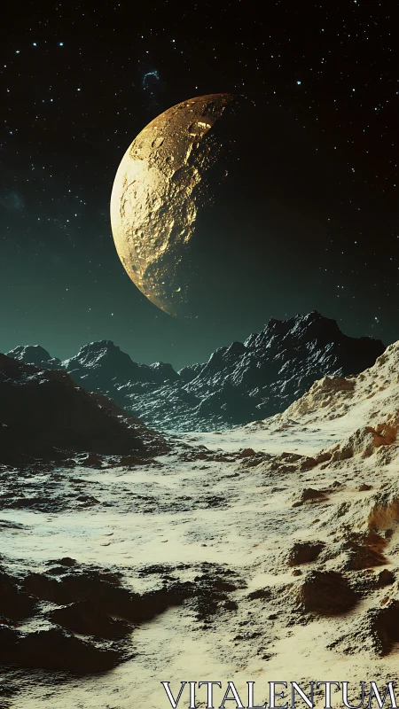 Moonlit alien valley unfolds beneath looming cratered crescent