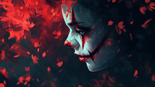 Side-lit clown portrait isolates sorrowful expression within red haze
