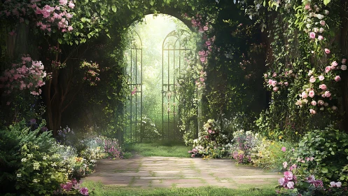 Garden archway frames sunlit iron gate amid dense flowers
