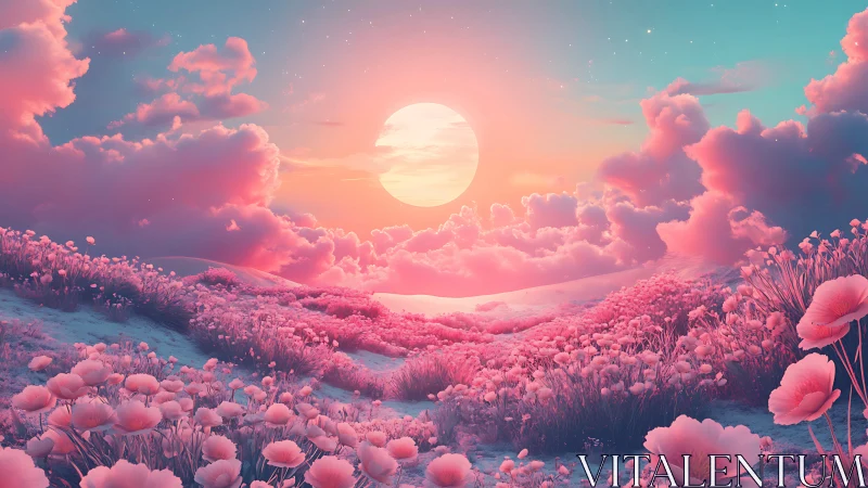 Iridescent sunset over stylized pink meadow under pastel sky