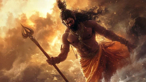 Mythic warrior god with trident amid storming golden clouds.