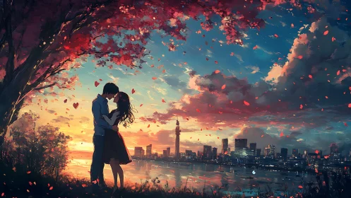 Silhouetted couple near riverbank at dusk city skyline.