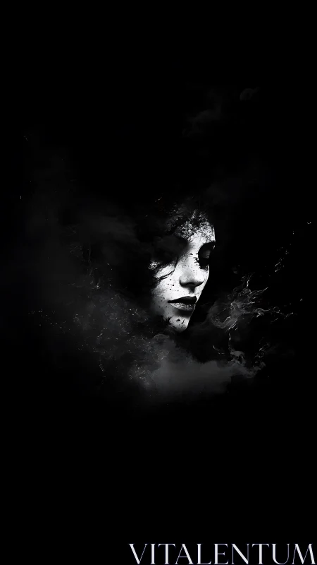 Monochrome female profile emerging from diffuse smoke form.