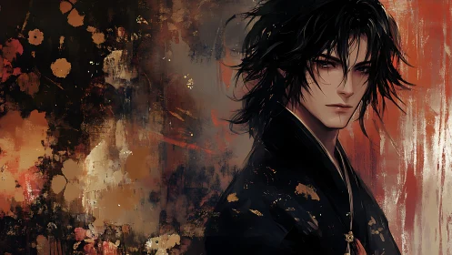 Brooding wanderer wrapped in ember toned painted shadows.