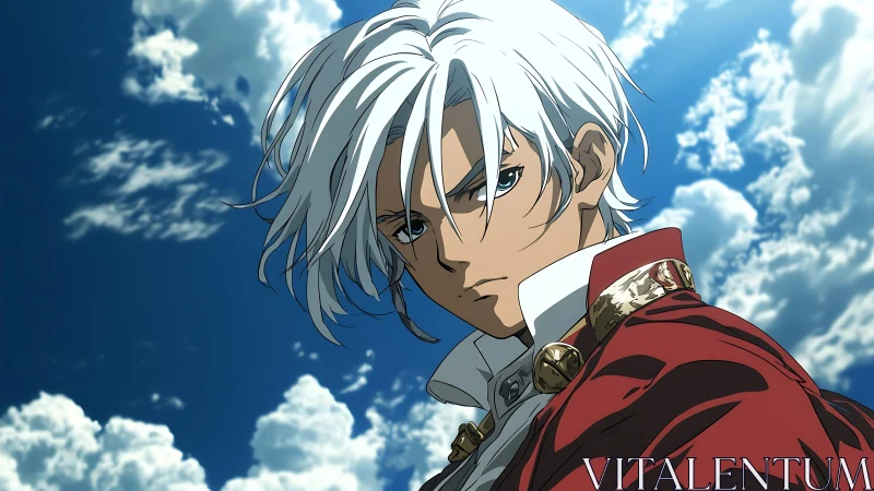 White haired anime soldier in red uniform under sky.