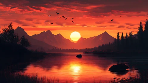 Sunset over pine lake with distant mountains and birds.