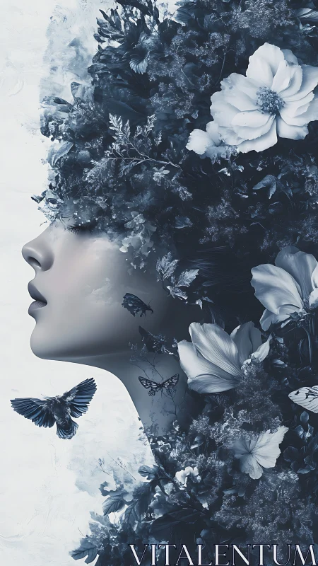 Floral reverie crowns a serene profile in misted midnight hues.