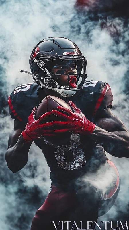Football player catches ball amid dense sideline smoke