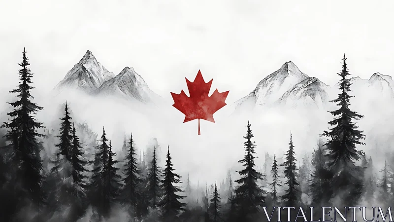 Red maple leaf symbol is centered over misty conifer forest