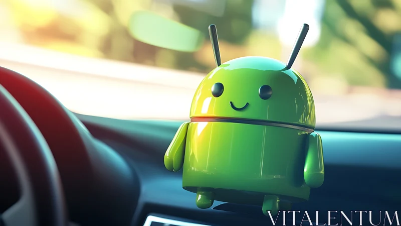 Green android dashboard figure in modern car interior.