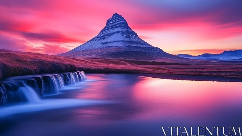 Radiant mountain reflects in serene violet sunset lake