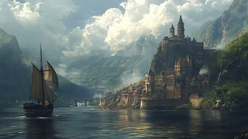 Sunlit river kingdom welcomes a lone ship toward its harbor