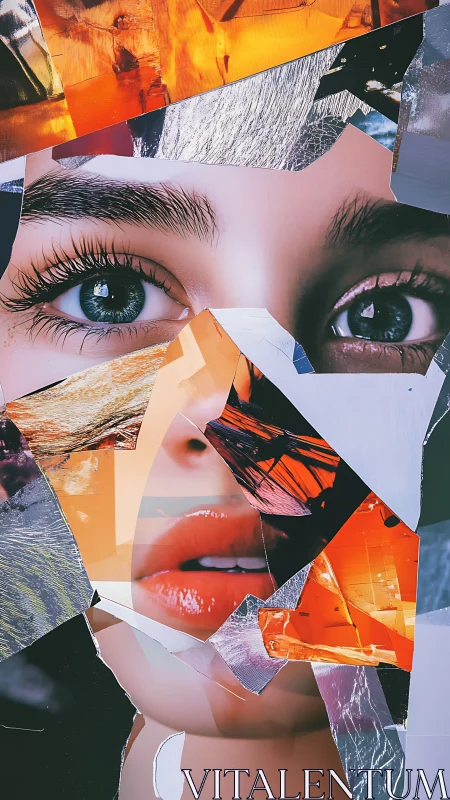 Fragmented female face merged with vivid photo collage shards