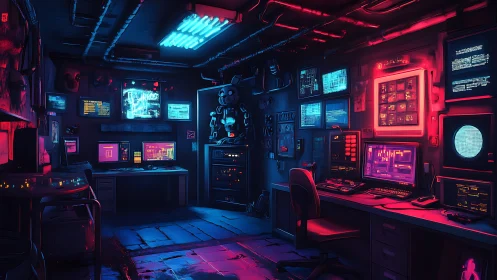 Neon-lit underground control room hums with cyber activity.