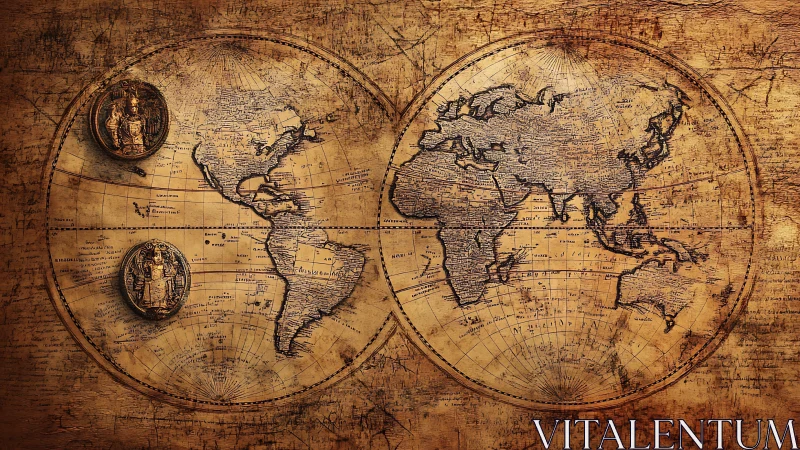 Vintage double-hemisphere world map with sepia patina.