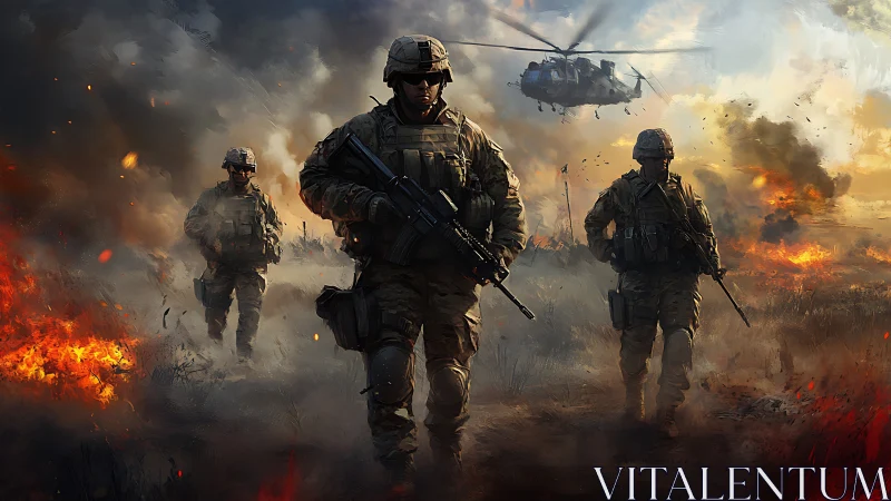 Firelit soldiers stride forward as the battlefield breathes smoke