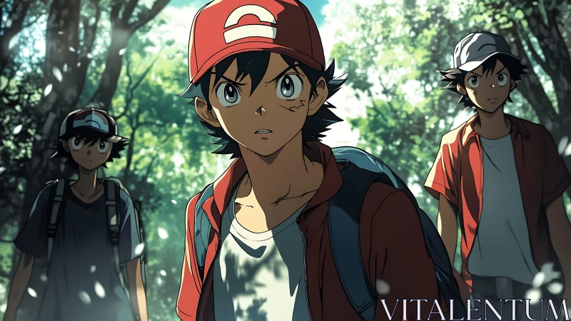 Young explorers stand alert in dappled forest sunlight.