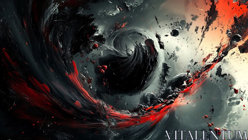 Swirling cosmic storm of shadow, light, and burning crimson.