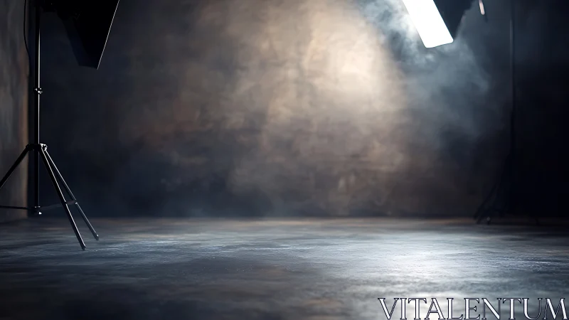 Empty photography studio with softbox lights and smoke haze.