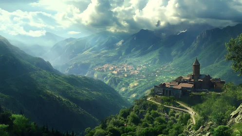 Emerald valleys cradle a lone mountain monastery in stormlight