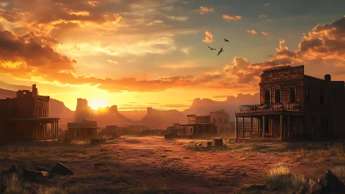 Abandoned western town glows under a dramatic desert sunset
