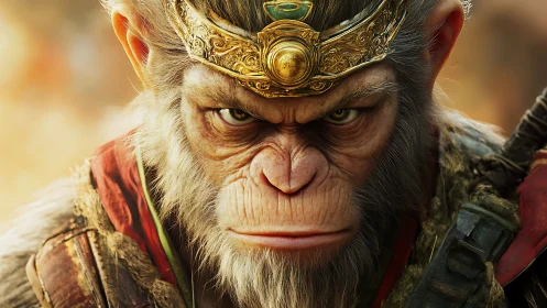 Fierce warrior monkey king glares with golden crown detail.