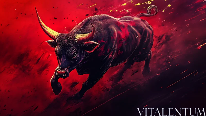 Charging bull illustration in red abstract motion field.