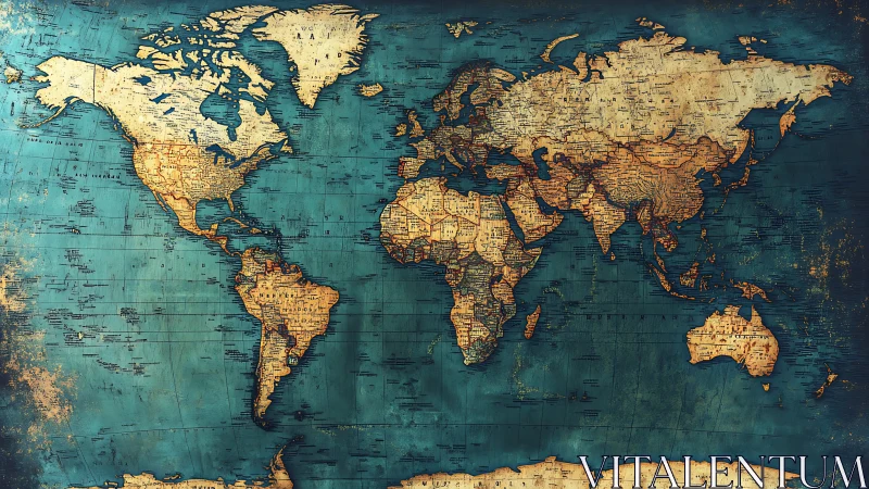 Vintage world map glows over distressed teal oceans.