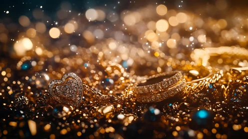 Gold heart pendant with diamond rings on glittering surface.