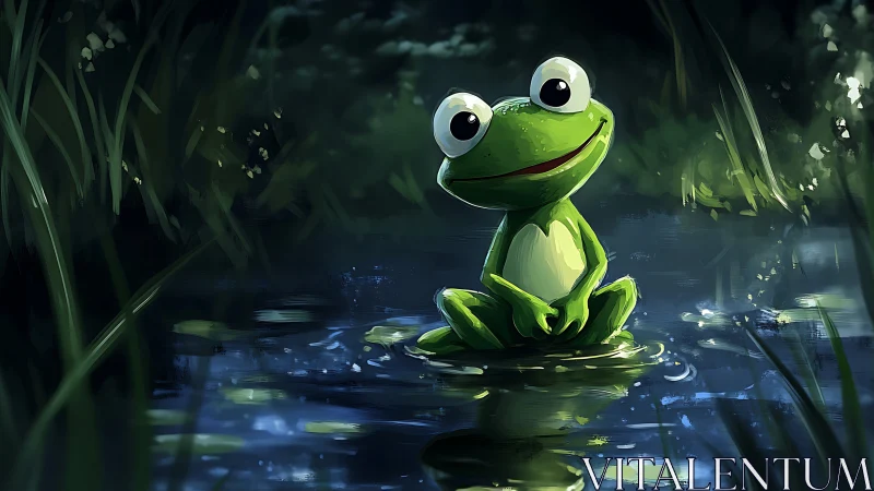 Moonlit pond philosopher frog smiles through rippling blues