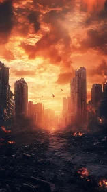 Urban street corridor with fire-damaged high-rise ruins.