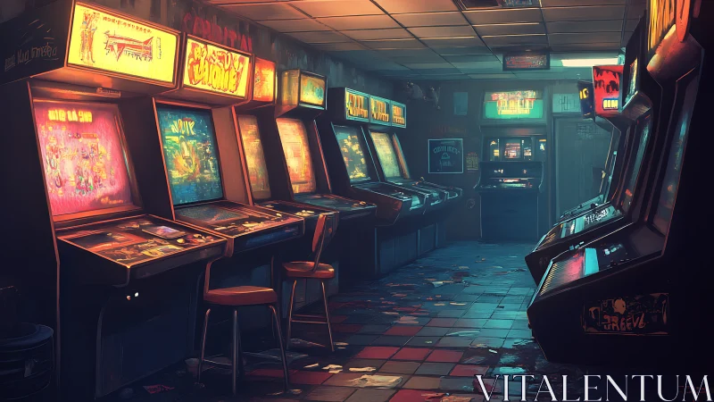 Neon arcade machines glow softly in a nostalgic empty room