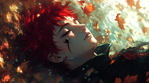 Red haired anime figure resting amid drifting autumn leaves.