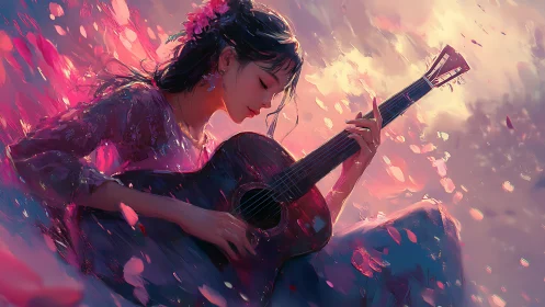 Guitarist in swirling petals under luminous sunset sky.
