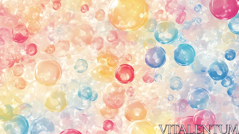 Pastel rainbow bubbles drift across luminous soft field.