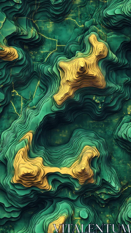 Layered teal terrain flows around glowing golden peaks