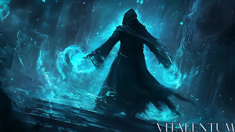 Digital painting of arcane mage with cyan energy vortexes.