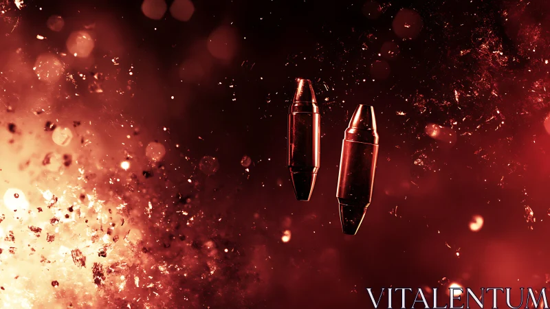 Exploding red shrapnel surrounds suspended metallic bullets