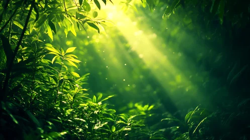 Sunlight penetrates dense green foliage in a forest understory