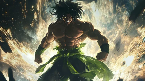 Raging warrior shreds the sky with emerald storm power